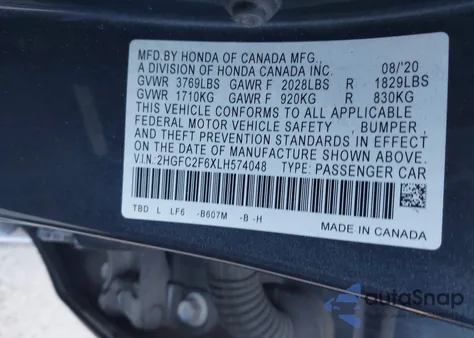 2020 Honda Civic Lx z USA, uszkodzony, nr VIN 2HGFC2F6XLH574048